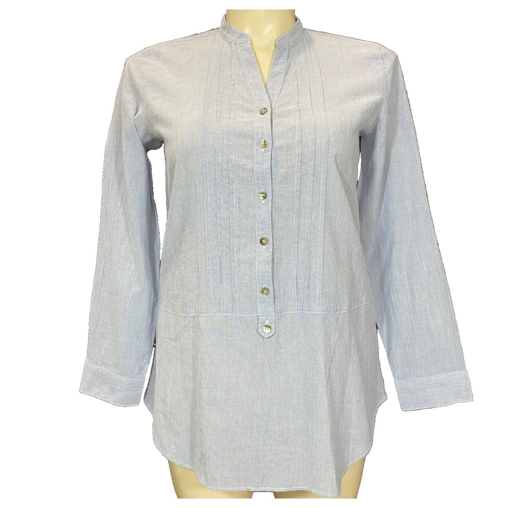 J.Jill Top MED White Blue Pin Stripe Shirt Long Sl Button Tux Pleat U Hem Career
